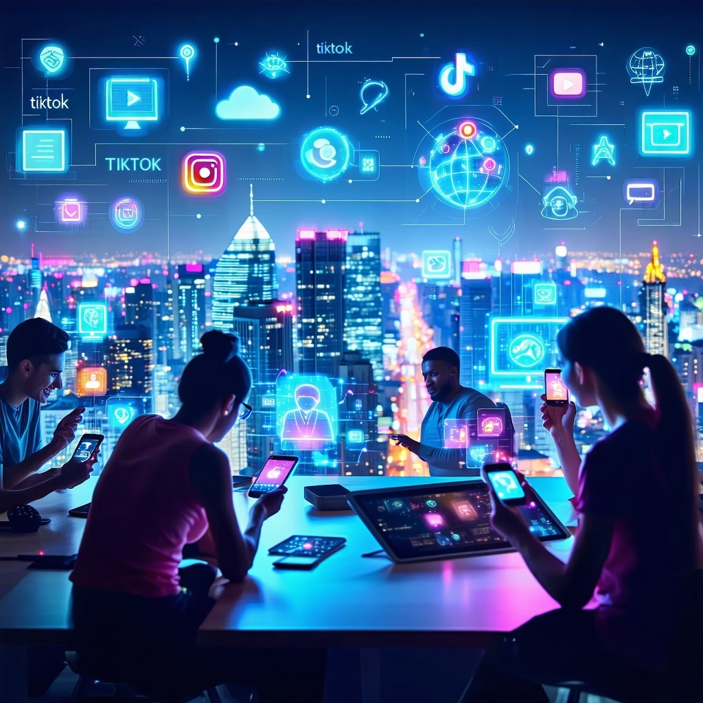 The image features a vibrant digital marketing landscape showcasing a futuristic city skyline illuminated by neon lights In the foreground diverse individuals engage with various digital devices including smartphones and tablets displaying dynamic co-1