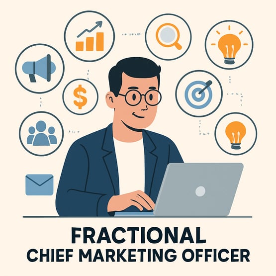 fractional chief marketing officer is a person working on a computer with marketing icons surrounding him-1